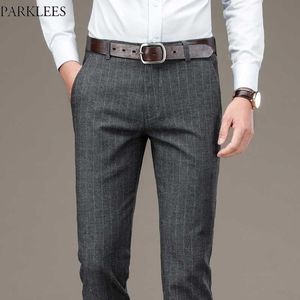 Men's Gray Pinstripe Suit Dress Pants Fashion Business Formal Flat-front Trousers Male Slim Fit Stretch Pantalon Homme 210522