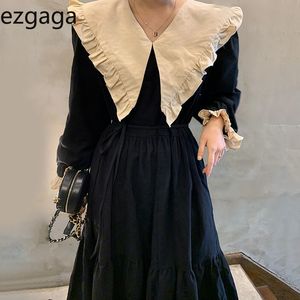 Ezgaga Vintage Elegant Klänning Kvinnor Koreanska Chic Turn-down Collar Patchwork Butterfly Sleeve Lös hög midja Party Dress Vestidos 210430