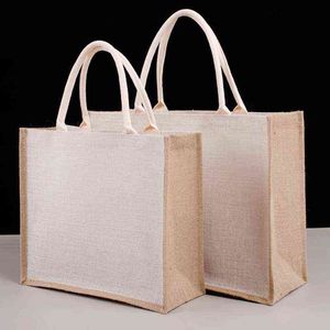 Unisex återanvändbar jute shoppingväska eko vänlig burlap livsmedelsbutik stor kapacitet strand semester picknick handväska tote