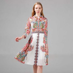 Autumn Runway Midi pleated Dress Plus size Women's Turn-down collar Vintage Floral Print Party Holiday Long 210529