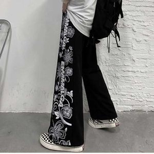 Houzhou Black Szerokie spodnie nóg Harajuku Drukuj Proste Spodnie Damskie Streetwear Punk Hip Hop Gothic Korean Fashion Spludny Q0801