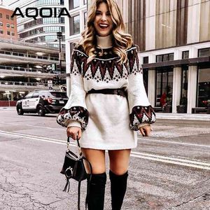 겨울 Boho 기하학적 인쇄 두꺼운 여성 스웨터 드레스 거북이 넥 풀오버 니트 여성 캐주얼 레트로 화이트 Vestidos 210521