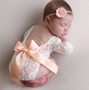 Baby Lace Romper Minal Bow Bows Vest Pumpsuits Damageband 2 шт. Устанавливает фото Стреляя Принцесса Одежда Детская фотография Реквизит 3 Цвета DW5494