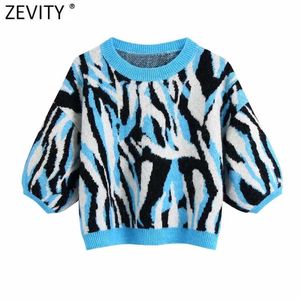 Zevity Kobiety Moda Kolor Mecz Zwierząt Wzór Krótki Jacquard Knitting Sweter Kobiet Chic Latarnia Rękaw Swetry Topy SW891 211215