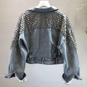 Kadın Ceketler Yingyuanfang Moda Yarasa Kollu Ağır Çalışma Perçin Kısa Yıkanmış Denim Ceket Kadın Ceket1