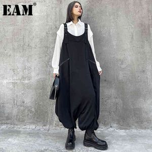 [EAM] Loose Fit Vrouwen Zwart Pocket Wijde Pijpen Jumpsuit Hoge Taille Pocket Stitch Broek Mode Lente Herfst 1DD6147 210512
