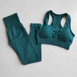 2 st Energi Seamless Yoga Set Workout Kläder för kvinnor Padded Sports Bra + Sport Leggings Outfit High Fitness Gym Passar 210813