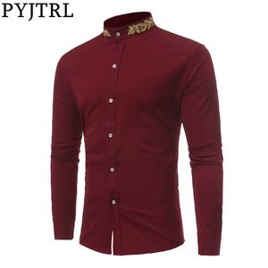 PYJTRL Camicie a maniche lunghe con colletto ricamato in oro da uomo Casual Slim Fit Nero Bianco Vino Rosso Uomo Party Prom Top Camisa Masculina 210629