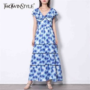 Blue Print Patchwork Sukienka dla Kobiet Slash Neck Butterfly Rękaw Wysokowy Talia Midi Hit Kolor Suknie Kobieta 210520