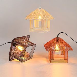 Lampa täcker nyanser Rattan konst Lampskärm Handvävning Hus Vävt justerbart hängande ljus med rep takbas