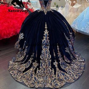 Navy Blue Velvet Princess Quinceanera Dress Ball Gown Sequins Lace Applique Vestido Mexicano Style Sweet 15 Prom Gowns257a