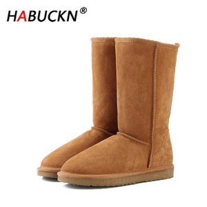 Wholesale tall thigh highs for sale - Group buy HABUCKN high quality snow boots for women winter shoes Genuine Leatherfur lined big girls tall wool thigh winter black boots Y0914