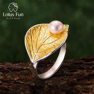 Lotus Fun Real 925 Sterling Silver Natural Pearl 18K Gold Leaf Ring Fine Jewelry Creative Designer Open Rings for Women Bijoux 220216