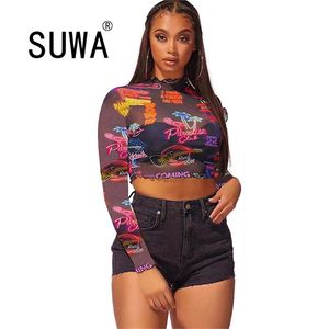 Blus Sommar Kvinna Patchwork Shirt Fashion Tie Dye Crop Top Vintage Femme O Neck Långärmad Kvinnor Slimming Tee Sexy Club 210525