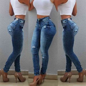 Sexy Hohe Taille Jeans Frau Pfirsich Push-Up Hüfte Dünne Denim Hose Boyfriend-Jeans Für Frauen Elastische Leggings Blau zerrissene Jeans D30 210322