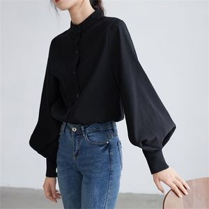 Big Lantern Sleeve Blus Kvinnor Höst Vinter Singel Breasted Stand Collar Shirts Office Work Blouse Solid Vintage Bluse Shirts 210715