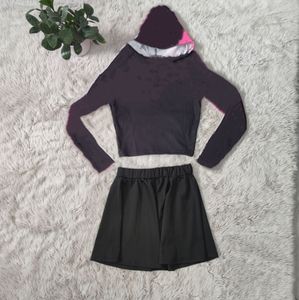 Nowy letni kombinezon Jogger Sukienka Dwuczęściowa zestaw ścieżek z kapturem z kapturem z długimi rękawami+spódnica 2 szt. Plus rozmiar S-2xl stroje swobodne bluzy sportowe+miniliskirt 5028