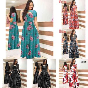 Mulheres manga curta oca out o-pescoço vestido longo verão elegante floral impresso cintura alta elástica elegante boho robe maxi vestidos q0707