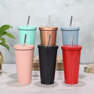 16Oz Stainless Steel Straw Mug with Lid Pearl Milk Tea Vacuum Flask Double Layer Straws Cups Car Insulation Cup