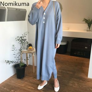 Nomikuma stickade knappar v-nacke kvinnor klänning koreanska kausaldrevet sweater klänningar nya split vestidos feminimos 6c502 210427