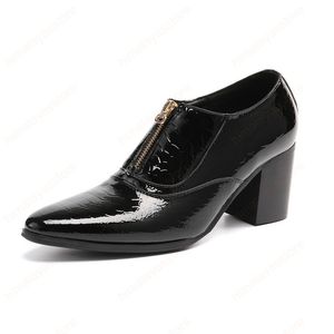 Moda 7.5 cm Yüksek Topuklu Erkek Siyah Ayakkabı Sivri Burun Zip Hakiki Deri Ayak Bileği Çizmeler Erkekler Iş Parti Düğün Için