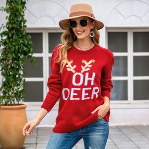 Осенью и зимние женские свитера Рождественские с длинным рукавом Пуловер вязаный алфавит колокольчики круглые шеи Рождественский свитер
