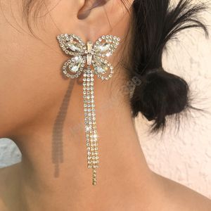 Moda Bling Uzun Tam Kristal Rhinestone Kelebek Kolye Dangle Küpe Kadınlar için Püskül Küpe Düğün Hediyesi