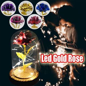 Dekorativa blommor kransar guldpläterad ros med LED-ljus i glaskupol alla hjärtans dag special romantisk gåva till bröllopsfest jul