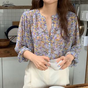 Herbst Koreanische Langarm Floral Shirts Frauen Plus Größe Casual Vintage Chiffon Bluse Lose Strickjacke Damen Top 10333 210521