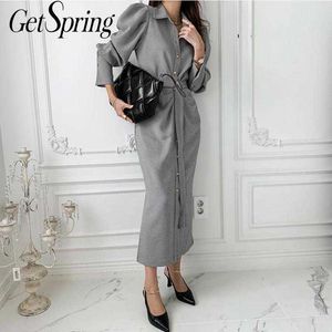 Grefling Women Dress Temperament Plaid Vintage Dresses Puff Sleeve Belt Lång Ladies Retro Chic Maxi Spring 210601