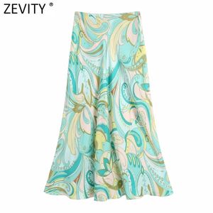 Zevity Women Vintage Totem Floral Print Casual En Linje Skirt Faldas Mujer Kvinna Back Zipper Chic Sommar Midi Vestido QUN795 210721