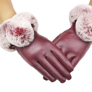Five Fingers Gloves Women Lady Black Leather Autumn Winter Warm Fur Mittens Outdoor Hand Wrist Warmer Full Finger Guantes