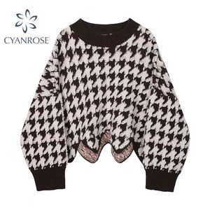 Kvinnor Plaid Crop Sweater V Neck Långärmad Pullover Elegant Sticka Toppar Top Fashion Autumn Oregulära Pullovers Femal 210515