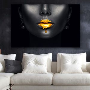 Moderne Kunst Leinwand Malerei Afrikanische Frauen Goldene Lippen Wand Picturs Für Wohnzimmer Wand Leinwand Poster und Drucke Dekorative Kunst