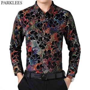 Роскошные флористические бархатные рубашки для платьев мужские тонкие подходят с длинным рукавом кнопка вниз рубашка для мужчин повседневная социальное высшее качество Chemise Homme 210522