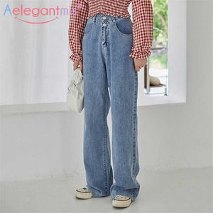 Aelegantmis kvinnor hög midja bredben jeans våren lösa denim byxor casual kvinnliga långa blå damer byxor koreanska 210607