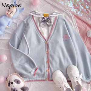 Neploe Preppy Style Vネックシングルブレストカーディガン女性秋ファッション甘いセーターシックな漫画パターンフェムミトップ210423