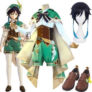 Genshin etkisi venti cosplay kostüm ayakkabıları peruk anime kadın yüksek kaliteli kostümler cadılar bayramı gömlek pantolon pelerini tam set y0903