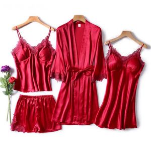 JULY'S SONG 4 Piece Sexy Pajamas Set Women Faux Silk Dressing Gown Lace Sling Shorts Summer Robe Sleepwear With Chest Pads 211112