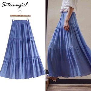 Blue Long Skirt Cotton Women Boho s s Female Summer Maxi White Linen With Elastic Waist s 210619