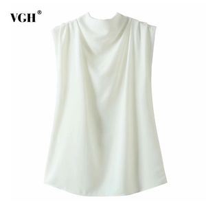 Kadınlar için Beyaz Zarif Gömlek Standı Yaka Kolsuz Patchwork Fermuar Minimalist Gevşek Casual Bluzlar Kadın 210531