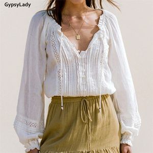 Gypsylady White Lace Vintage Blus Shirt 100% Cotton Spring Long Lantern Sleeve V-Neck Sheer Sexy Women Chic Top 220307