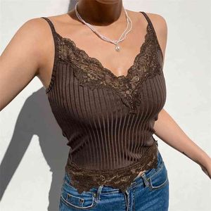 Brown Ribbed Patched Lace Y2K Crop Top Women Summer V Neck Sexy Sleeveless Tees 90s Backless Spaghetti Strap Camis 210510