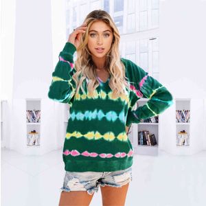 Tie Dye Hooded Sweatshirt Kvinnor Höst Vinter Casual Heartbeat Print Långärmad Lösa Toppar Mode Lady Pullover Jumper Hoodies 210507