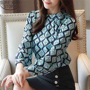 Kore Moda Giyim Rahat Uzun Kollu Şifon Bluz Kadın Baskı O-Boyun Beyaz Siyah Sonbahar Tops 6053 50 210506
