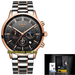 LIGE eternity LG9877 Sport Orologi da uomo Data Quadrante nero Giappone VK Cronografo al quarzo Movimento Orologio da uomo Cassa in acciaio Lunetta in oro rosa Bracciale in acciaio bicolore