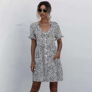 Sommar Kortärmad Leopard Skriv ut Enstaka bröstkorgar Klänning Kvinnor Casual Sexy V Neck Big Swing Pocket Streetwear Lady Dresses 210608