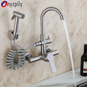 Onyzpily Brushed Nickel 304 stainless steel Kitchen Sink Faucet Mixer Tap Stream Sprayer Head Wall Installation 210724