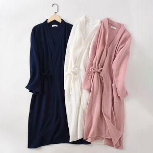 Yaz Çift Elbisesi toptan satış-Günlük Elbiseler Çiftler Pamuk Krep Gazlı Bez Bornoz Kimono Katı Robe Uzun Kollu V Yaka Kadınlar Bornoz İlkbahar Yaz Yumuşak Bayanlar