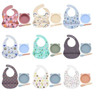 Premium Baby Matching Silikon Justerbar Cartoon Bib med Sucker Bowl Spoon Set Säker för småbarn Spädbarn äter smock G1210